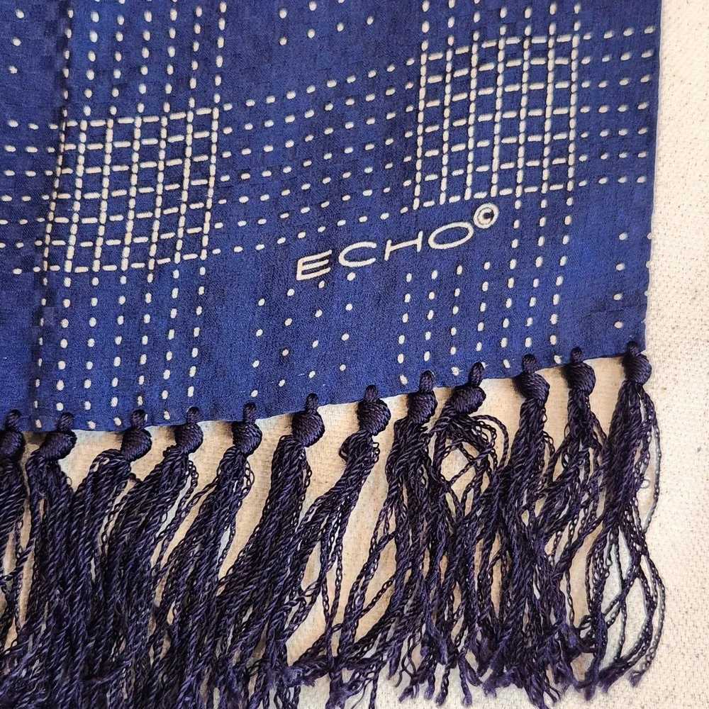 Echo Blue Silk Scarf Geometric Plaid Grid Pattern Fringe Tassels Designer Neck
